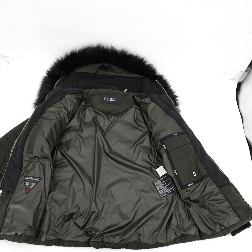 GUESS Jacket Womens Large Green Puffer Hood Faux Fur Trim Zip Pockets Warm - Picture 2 of 16